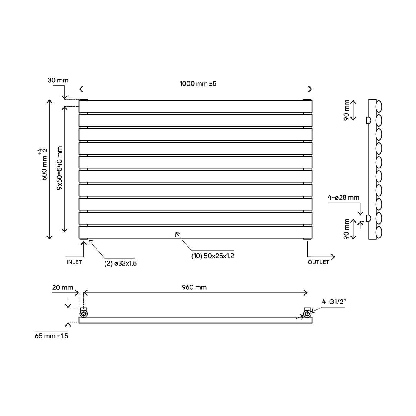 Blyss Designer Radiator Wickham Anthracite Horizontal 2189BTU (W)1000 x (H)600mm - Image 2
