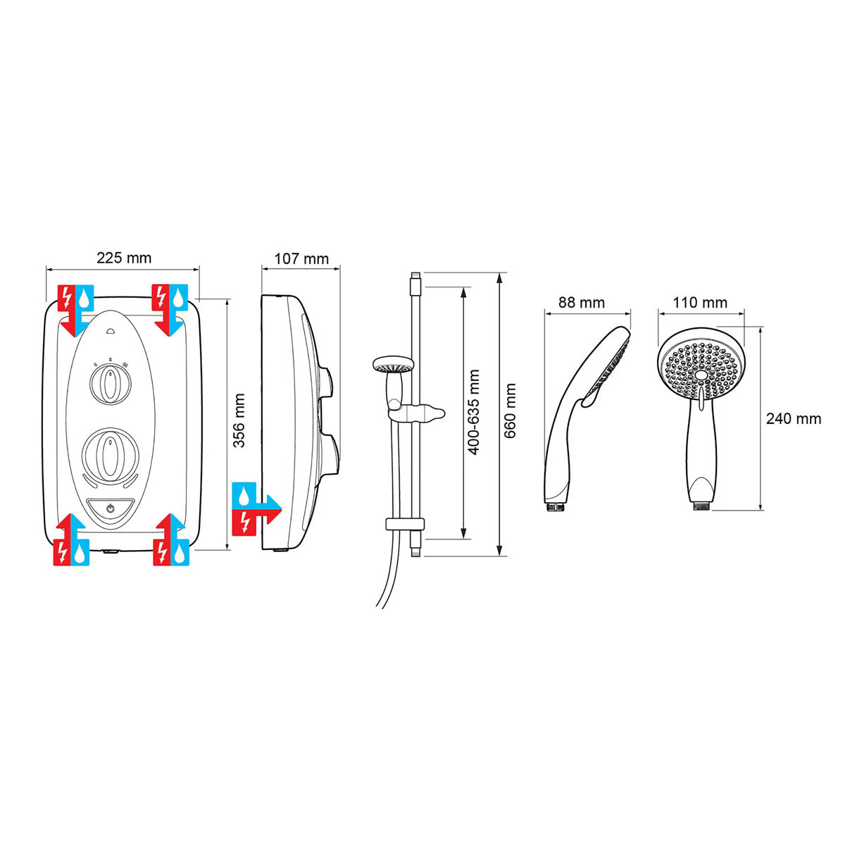 Mira Electric Shower 10.8kW White 4 Spray Pattern Round Head Riser Rail Bathroom - Image 2