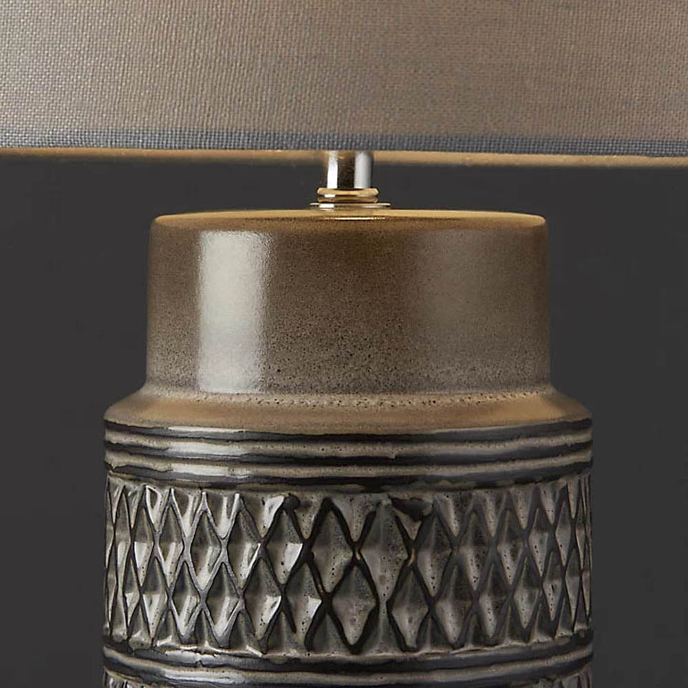 Table Lamp Bedroom Bedside Light Grey Drum Shade Embossed Ceramic 40W E14 - Image 2