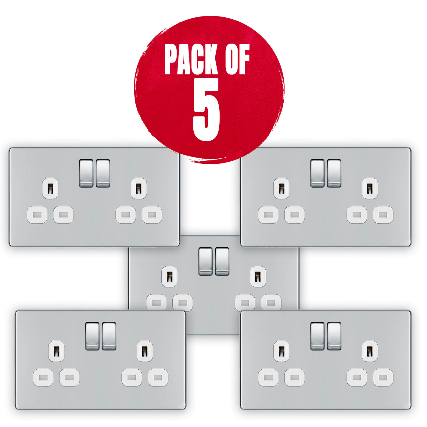 Double Switched Socket 13A 2 Gang Stainless Steel Chrome Effect Screwless 5 Pack - Image 1