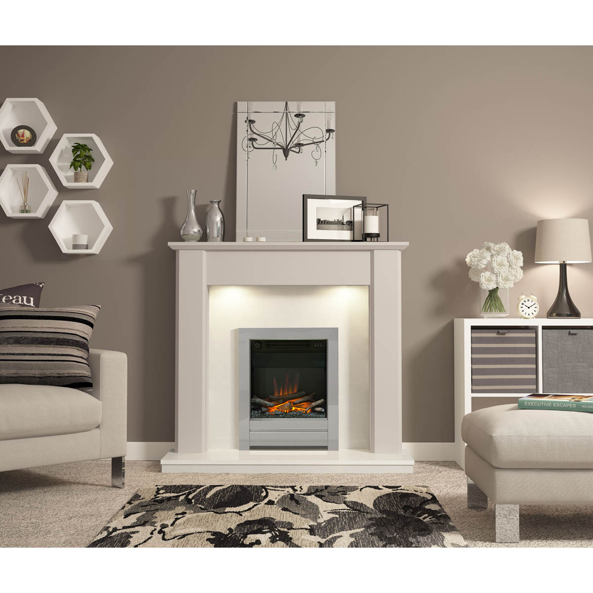 Electric Fire Fireplace Inset 2kW Thermostatic Chrome Log Effect Modern Indoor - Image 1