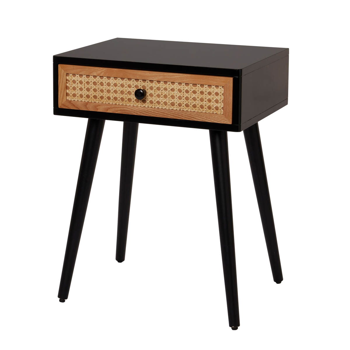 Bedside Table Cabinet 1 Drawer MDF Matt Black Rattan Effect (H)580(W)450(D)450mm - Image 1