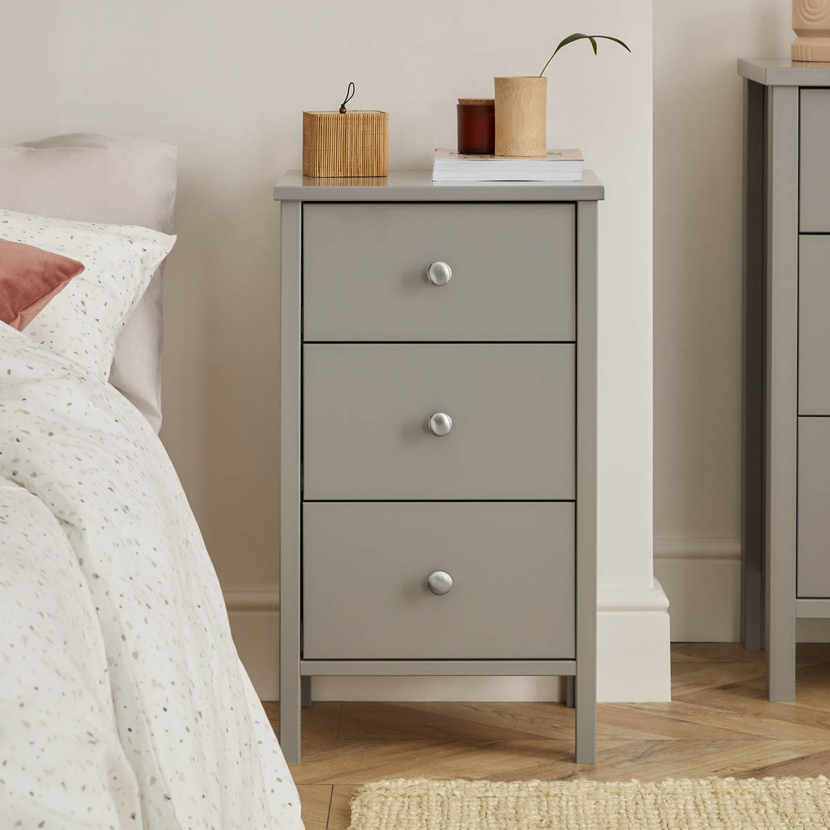 Valenca Bedside Table Cabinet 3 Drawer Satin Grey MDF (H)699 (W)400 (D)382.4mm - Image 1
