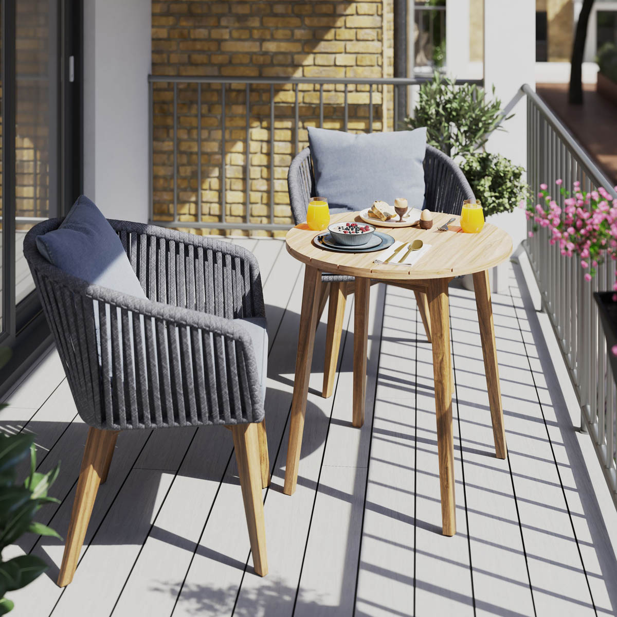 Garden Bistro Set 2 Seater Grey Natural Wooden Table Chairs Outdoor Furniture - Image 2