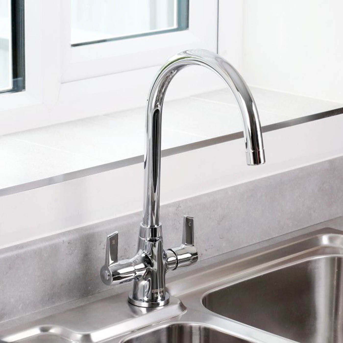 Kitchen Tap Mixer Chrome Swivel Spout Brass Double Lever Contemporary Faucet - Image 2