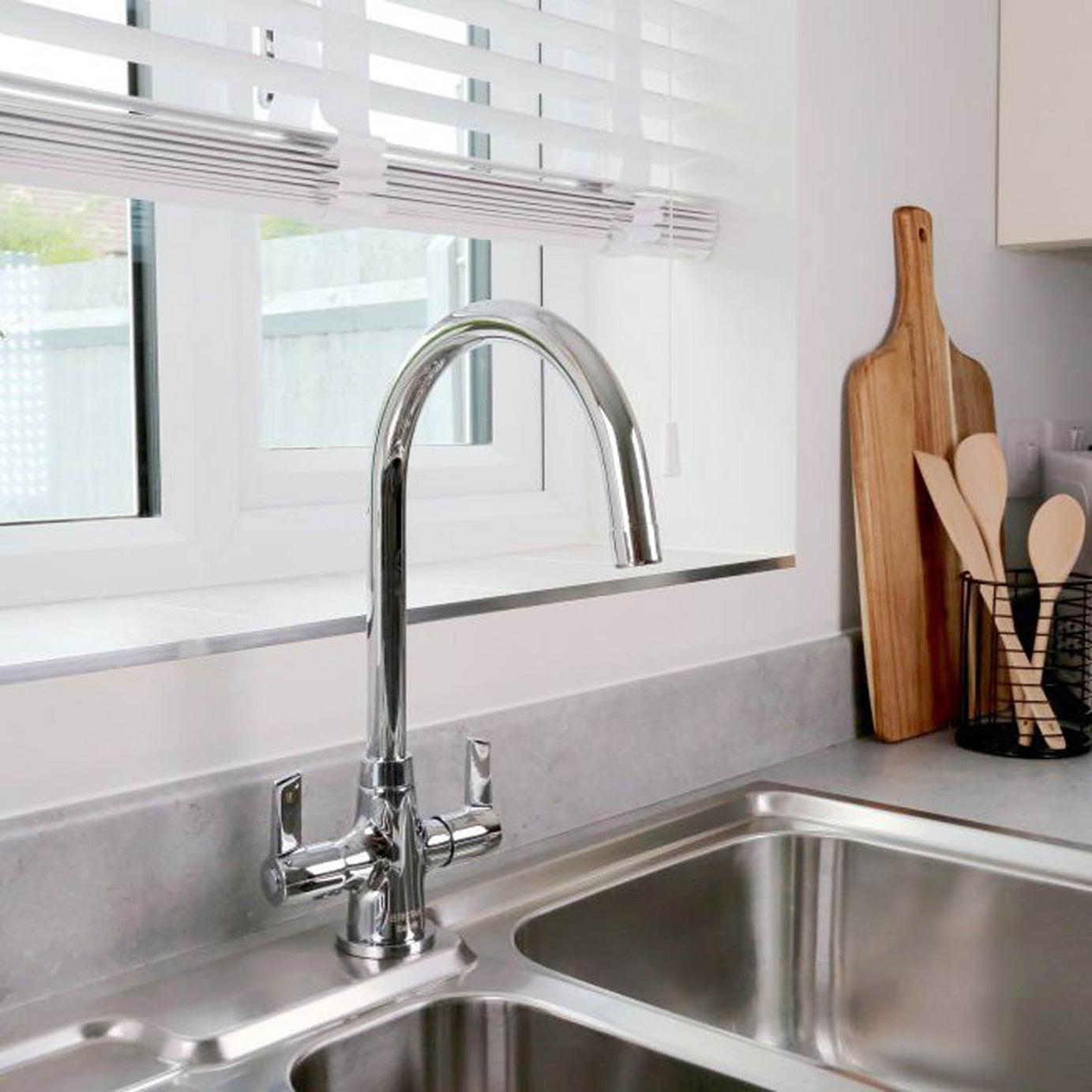 Kitchen Tap Mixer Chrome Swivel Spout Brass Double Lever Contemporary Faucet - Image 3
