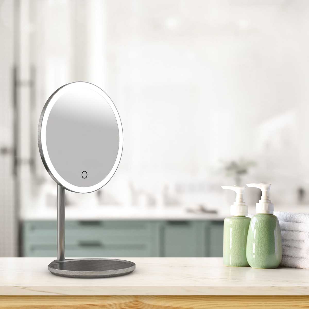 Bathroom Make Up Mirror Illuminated Round Freestanding Black Pearl (W)21cm - Image 2