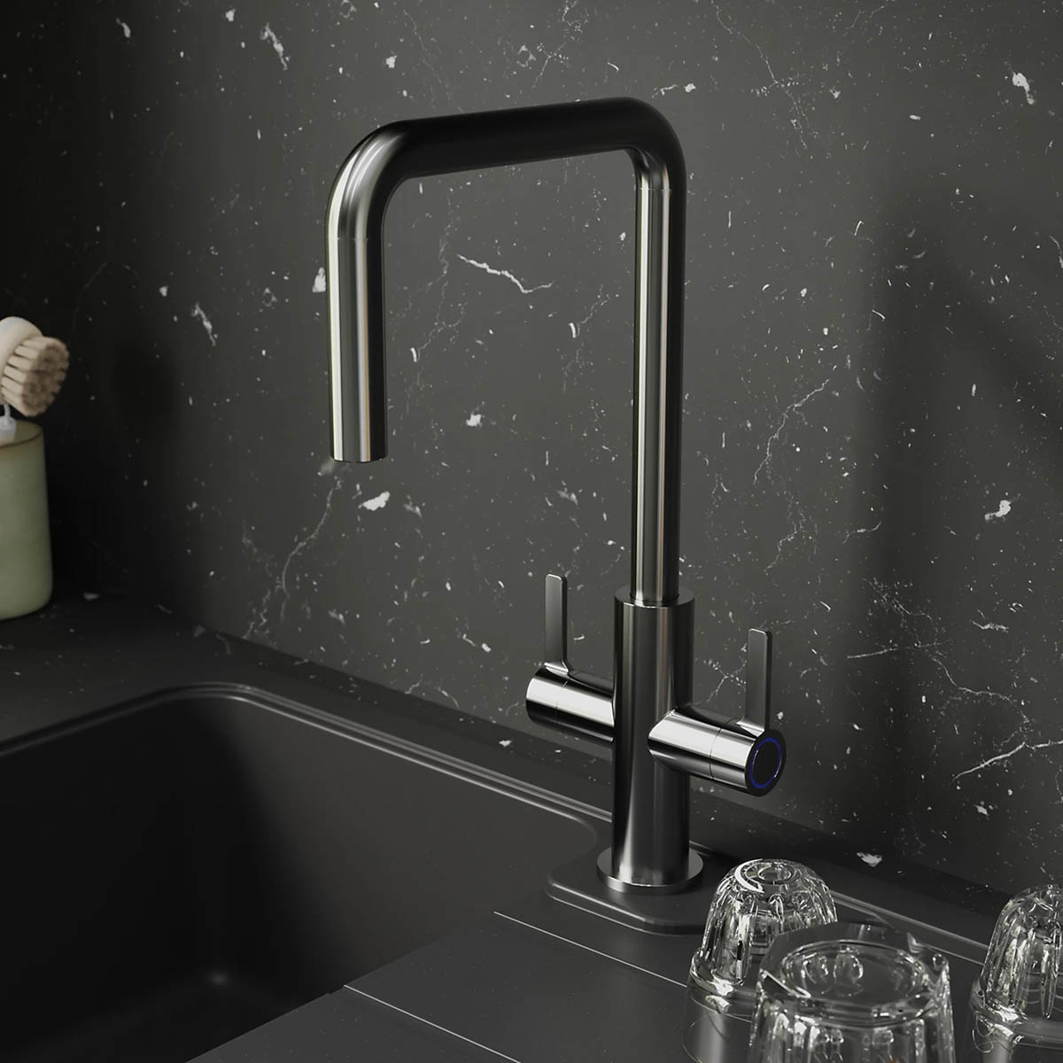 Kitchen Tap Mixer Stainless Steel Double Lever Swivel Spout Modern Faucet - Image 2