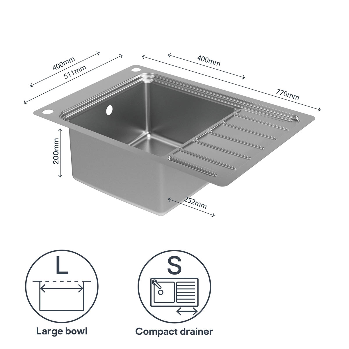 Kitchen Sink 1 Bowl Brushed Stainless Steel Reversible Drainer Rectangular - Image 9