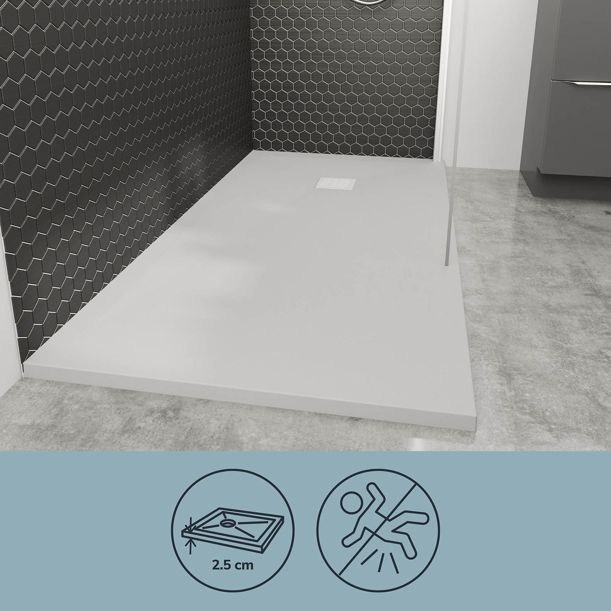 Shower Tray Matt White 28mm Rectangular Centre Drain Antibacterial Bathroom - Image 5