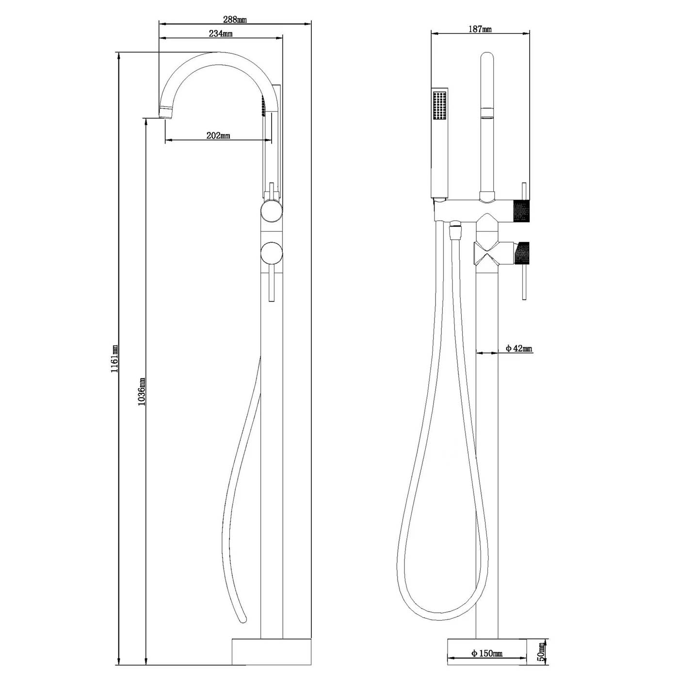 Bath Filler Tap Shower Mixer Matt Black Floor Mounted Bathroom Modern Faucet - Image 3