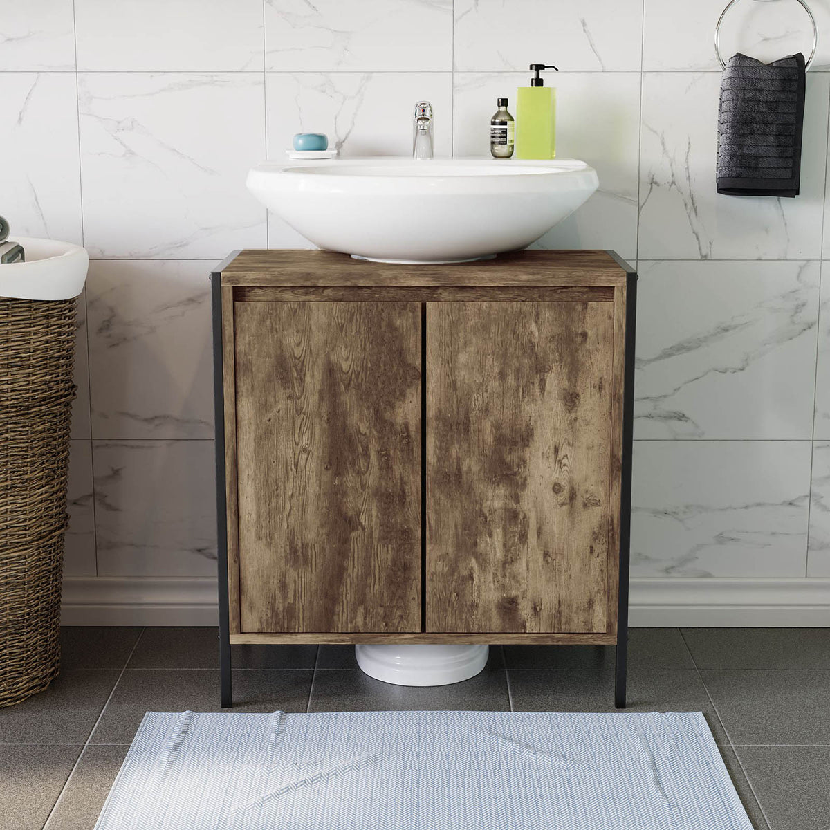 Bathroom Sink Cabinet Matt Brown Chipboard Freestanding Double Storage Furniture - Image 5