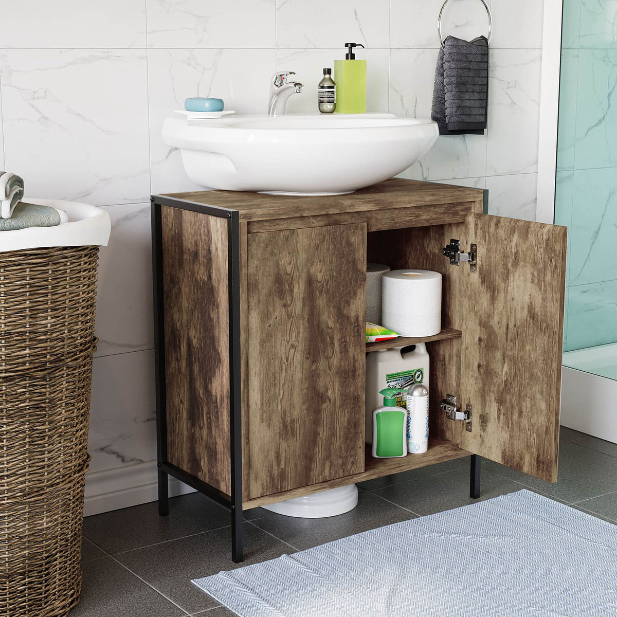 Bathroom Sink Cabinet Matt Brown Chipboard Freestanding Double Storage Furniture - Image 7