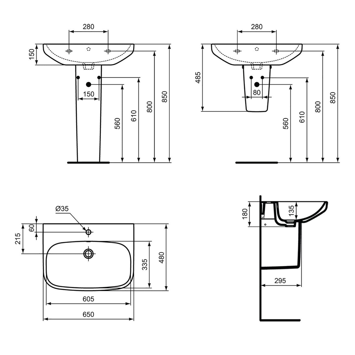 Ideal Standard Semi Pedestal i.Life A White Wall Hung Basin 331mm - Image 3