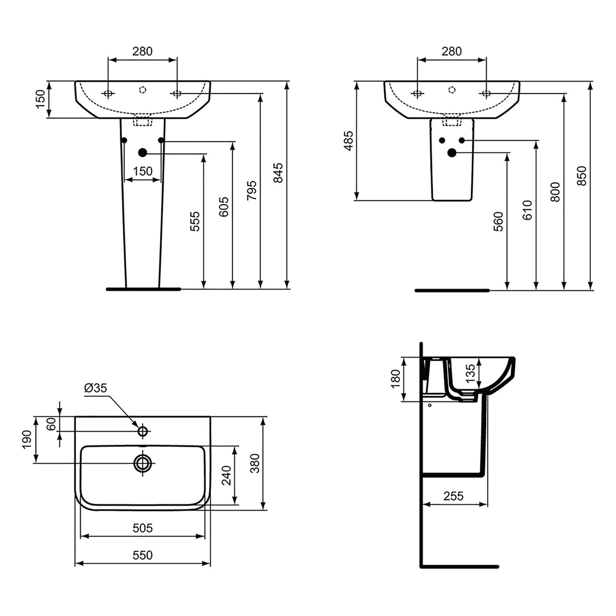Ideal Standard Semi Pedestal i.life S Gloss White Wall Hung Basin T519601 - Image 2