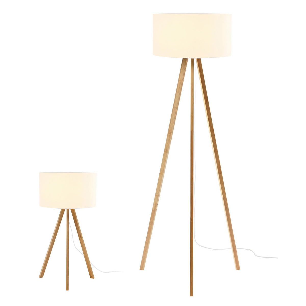 Floor Table Lamp Set LED Natural Bamboo Tripod White Fabric Modern Living Room - Image 6