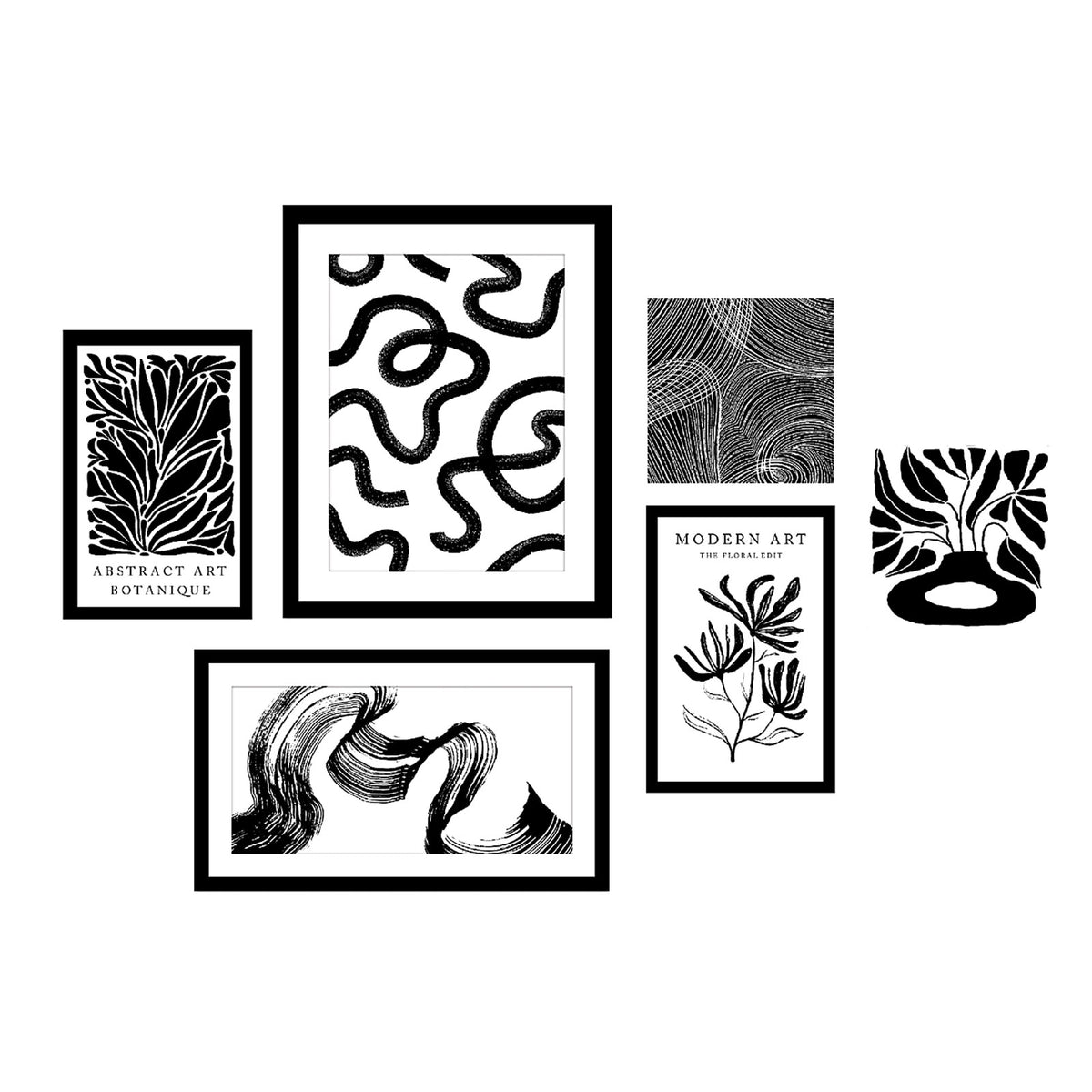 Arthouse Canvas Wall Art Set of 6 Monochrome Black White 48cm - Image 1