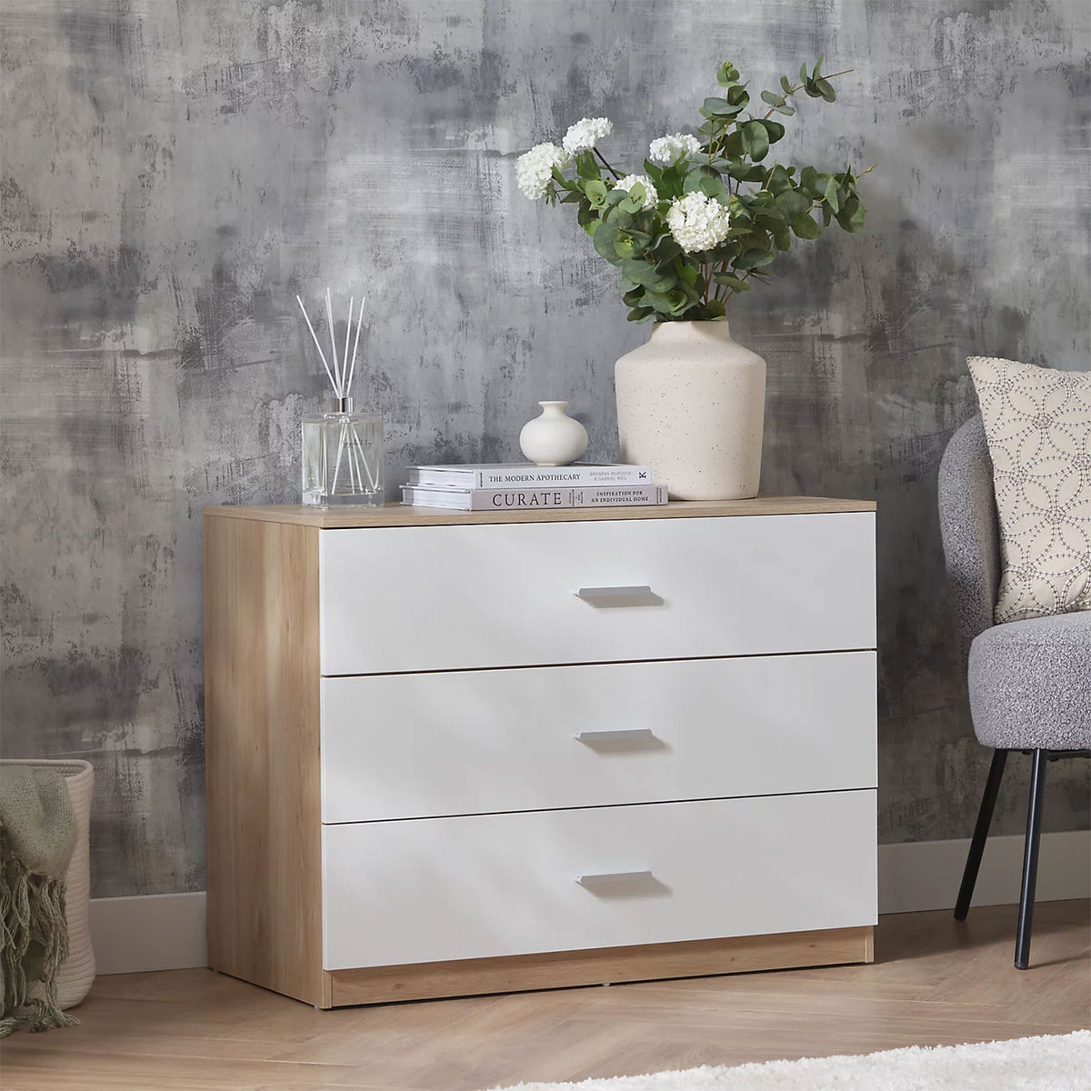 Hadwell 3 Drawer Chest of Drawers White Oak Effect Bedroom Storage 80cm - Image 1