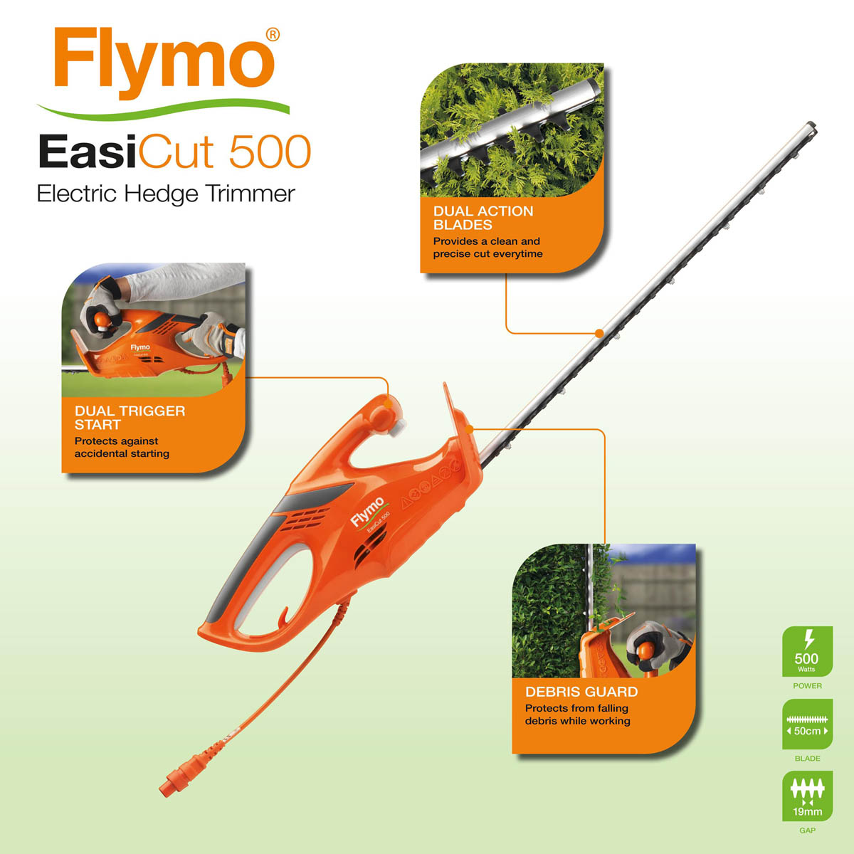 Flymo Hedge Trimmer Easicut 500 Corded Electric Corded Lightweight 500W 500mm - Image 3