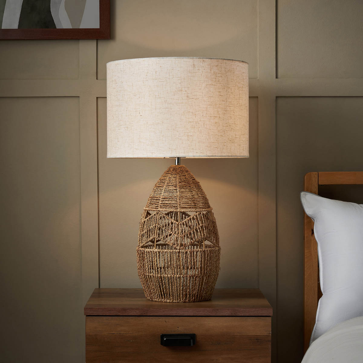 Inlight Table Lamp String Round Matt Natural Rattan Effect Drum Shade Modern - Image 1