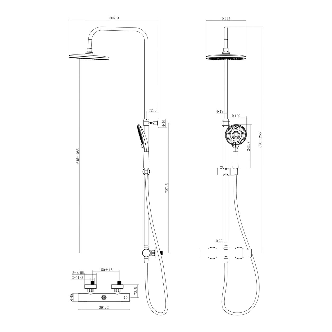 Thermostatic Mixer Shower Chrome effect Wall-mounted Multi head & 1.5m hose - Image 2