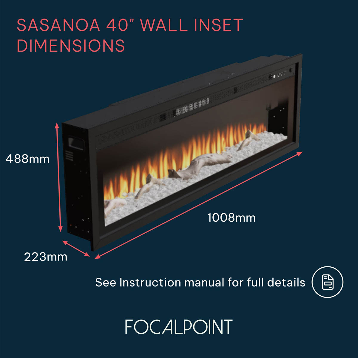 Focal Point Electric Fire Inset 1.5kW Matt Black Fireplace Log Effect Home - Image 7