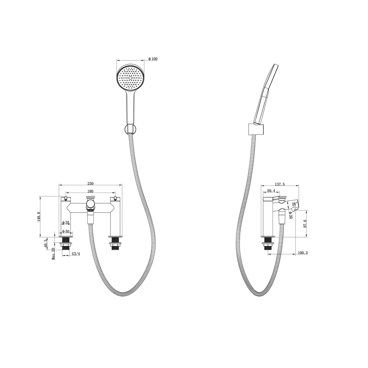 Bath Filler Tap Mixer Shower Handheld Chrome Double Lever Single Spray Pattern - Image 2