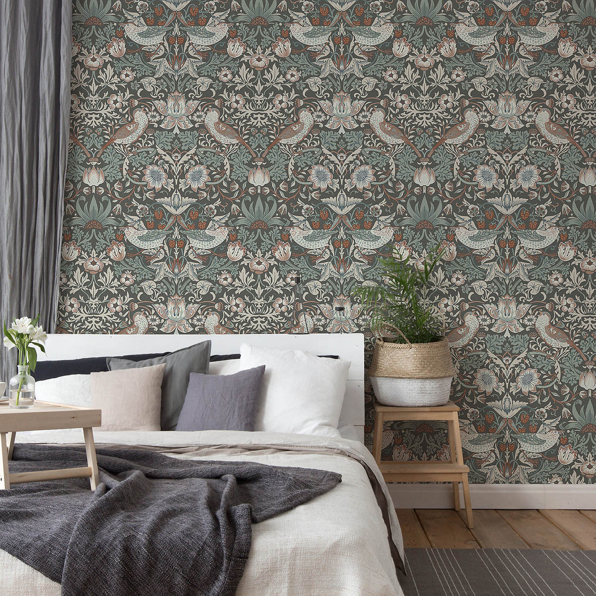 William Morris Wallpaper Strawberry Thief Summer Charcoal Patterned Smooth Matt - Image 1