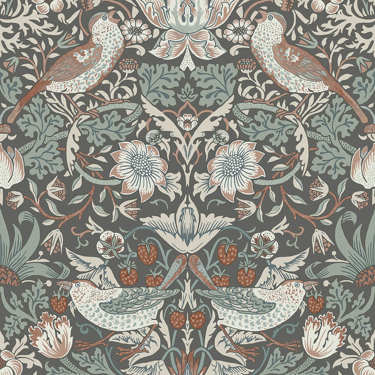 William Morris Wallpaper Strawberry Thief Summer Charcoal Patterned Smooth Matt - Image 3