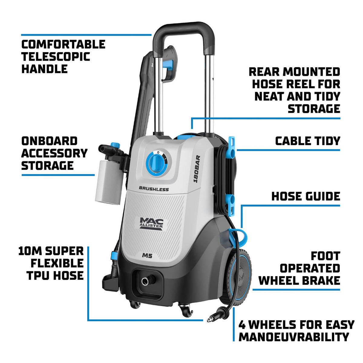 Mac Allister High Pressure Washer Jet M5 Corded Powerful Onboard 180bar 2.5kW - Image 2