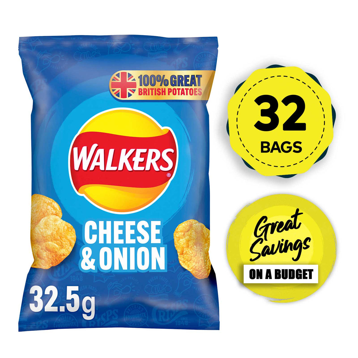 Walkers Crisps Cheese Onion Snack Pack Lunch 32x32.5g Bags - Image 1