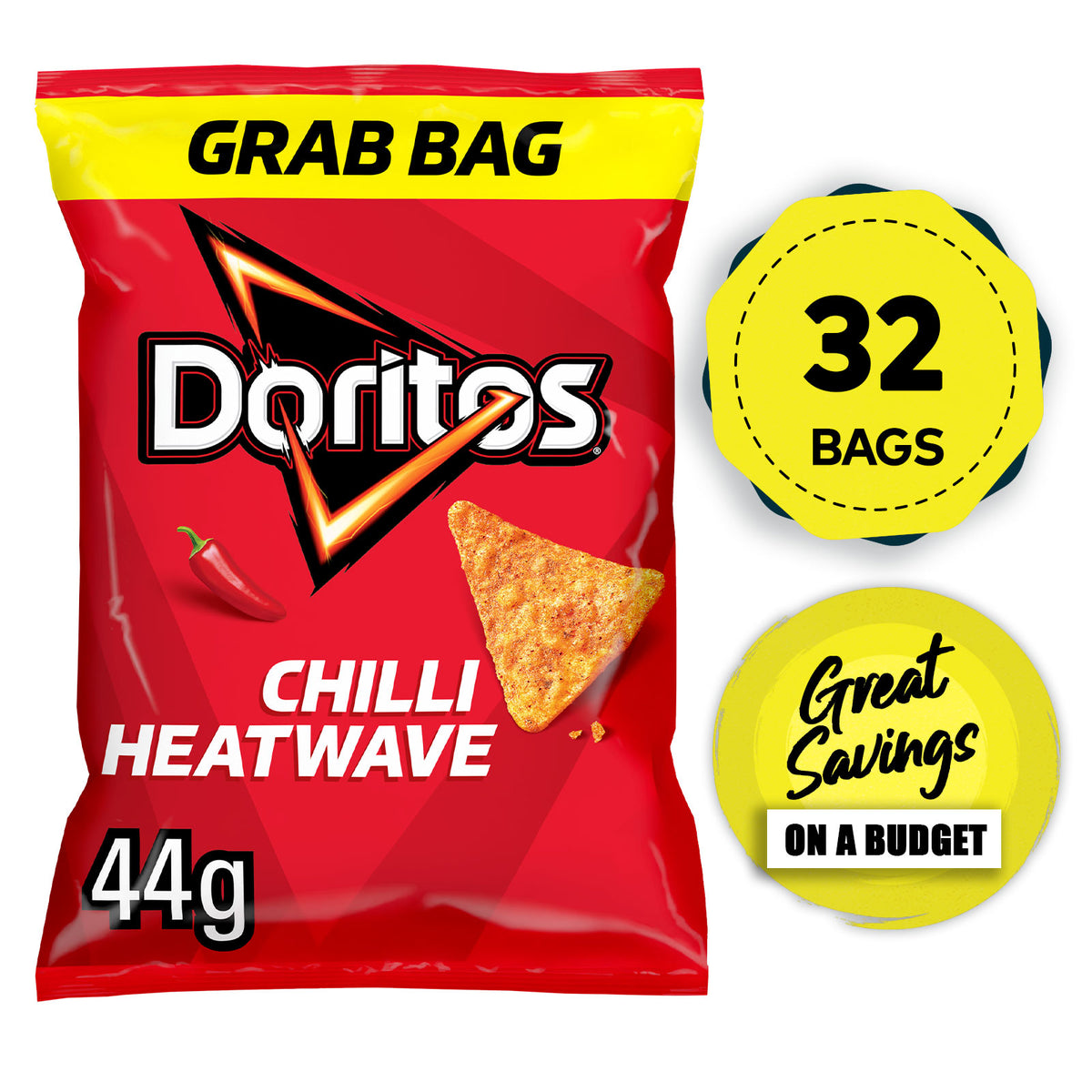 Doritos Tortilla Chips Crisps Chilli Heatwave Lunch Snack 32 x 44g - Image 1