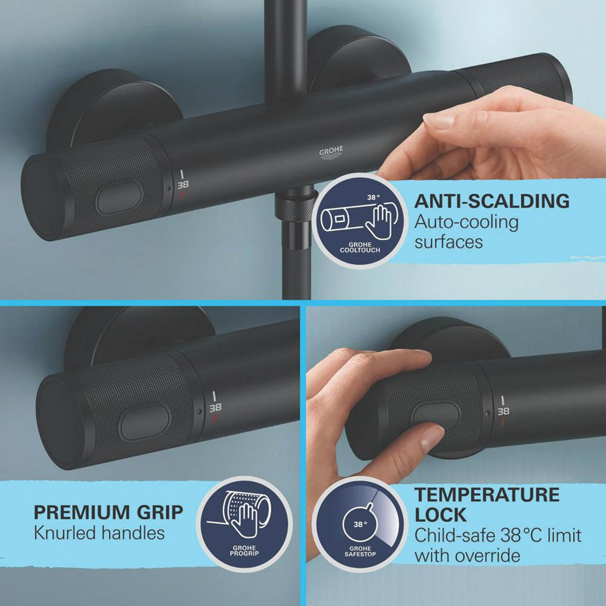 Grohe Thermostatic Shower Mixer Black 3 Spray Pattern Exposed Twin Round Head - Image 3