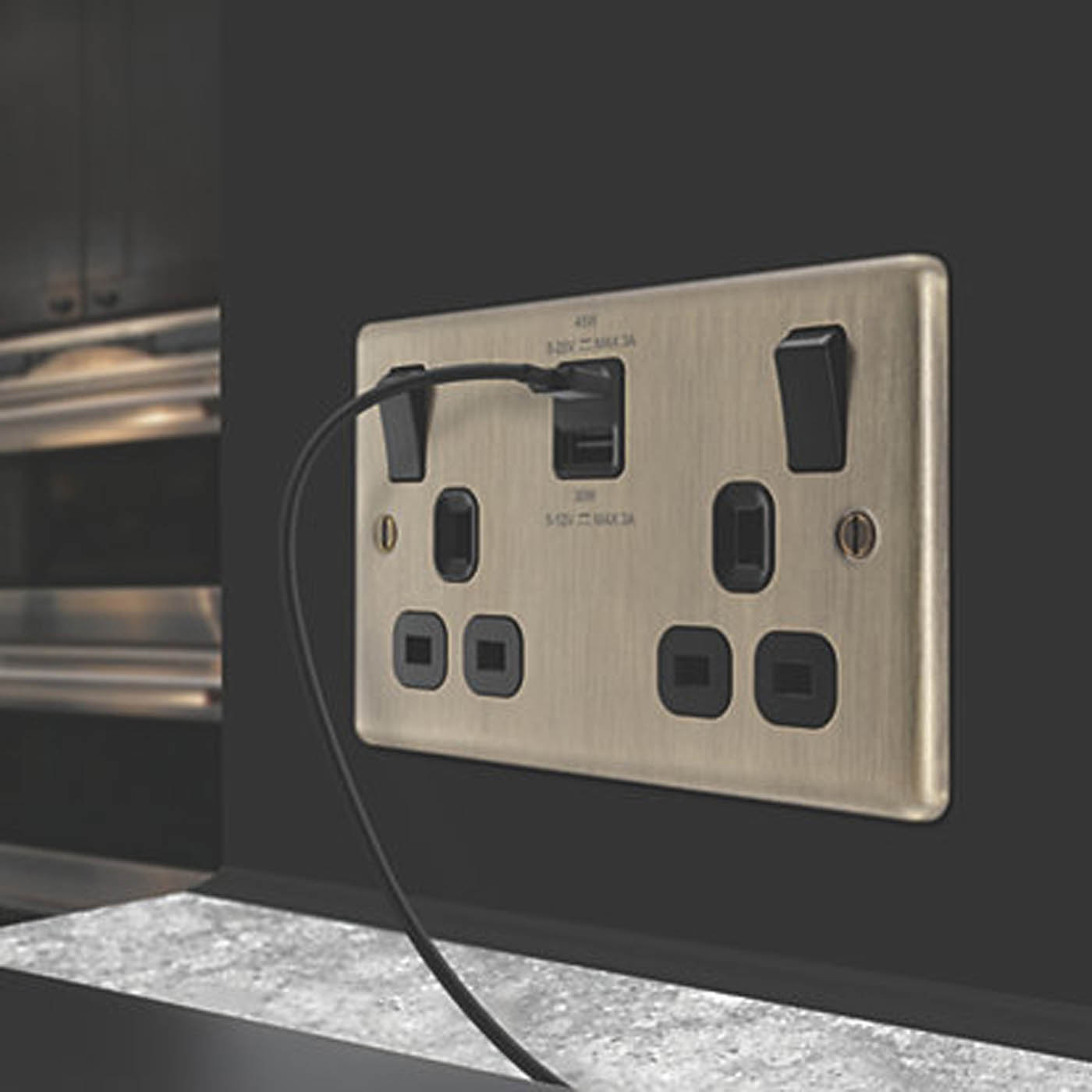 LAP Switched Socket With USB 2-Outlet Antique Brass 13A 2-Gang SP 3A 45W - Image 2