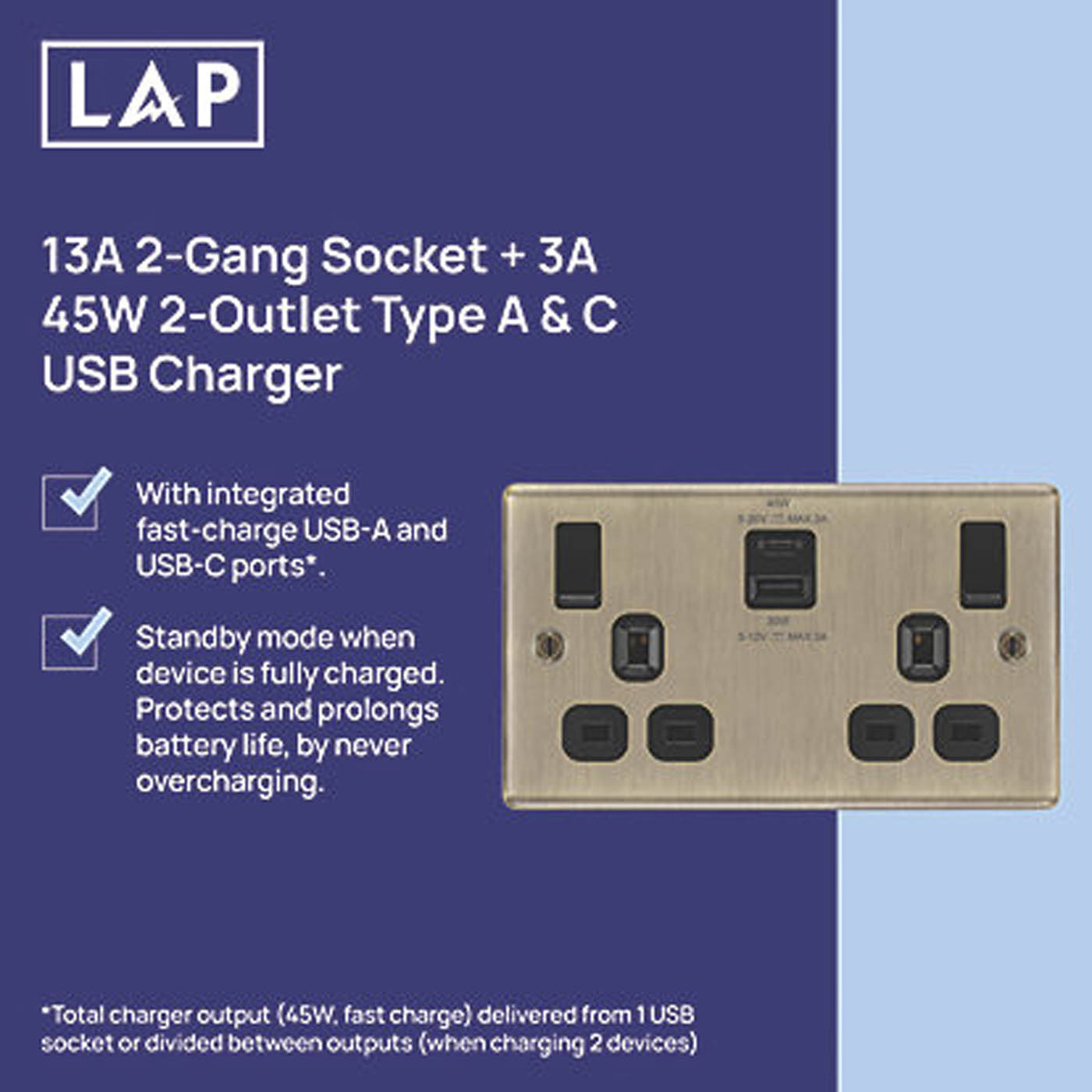 LAP Switched Socket With USB 2-Outlet Antique Brass 13A 2-Gang SP 3A 45W - Image 3