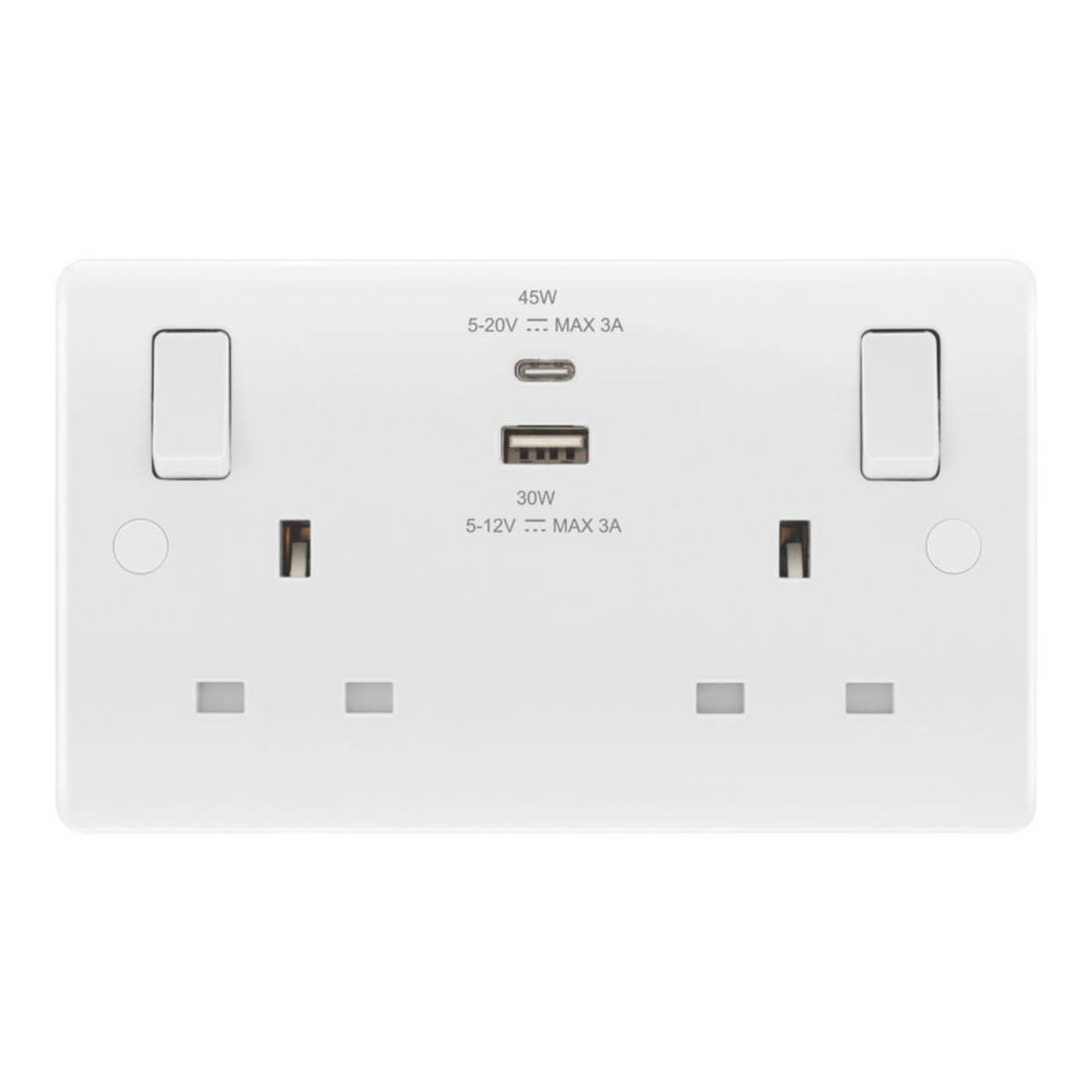 LAP 13A 2-Gang SP Switched Socket + 3A 45W 2-Outlet Type A & C USB Charger White - Image 1