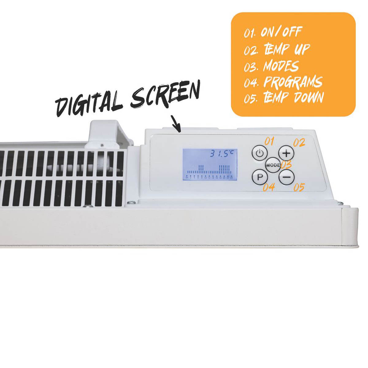 Convection Panel Heater Electric White Timer Compact Programmable 2000W 45x104cm - Image 3