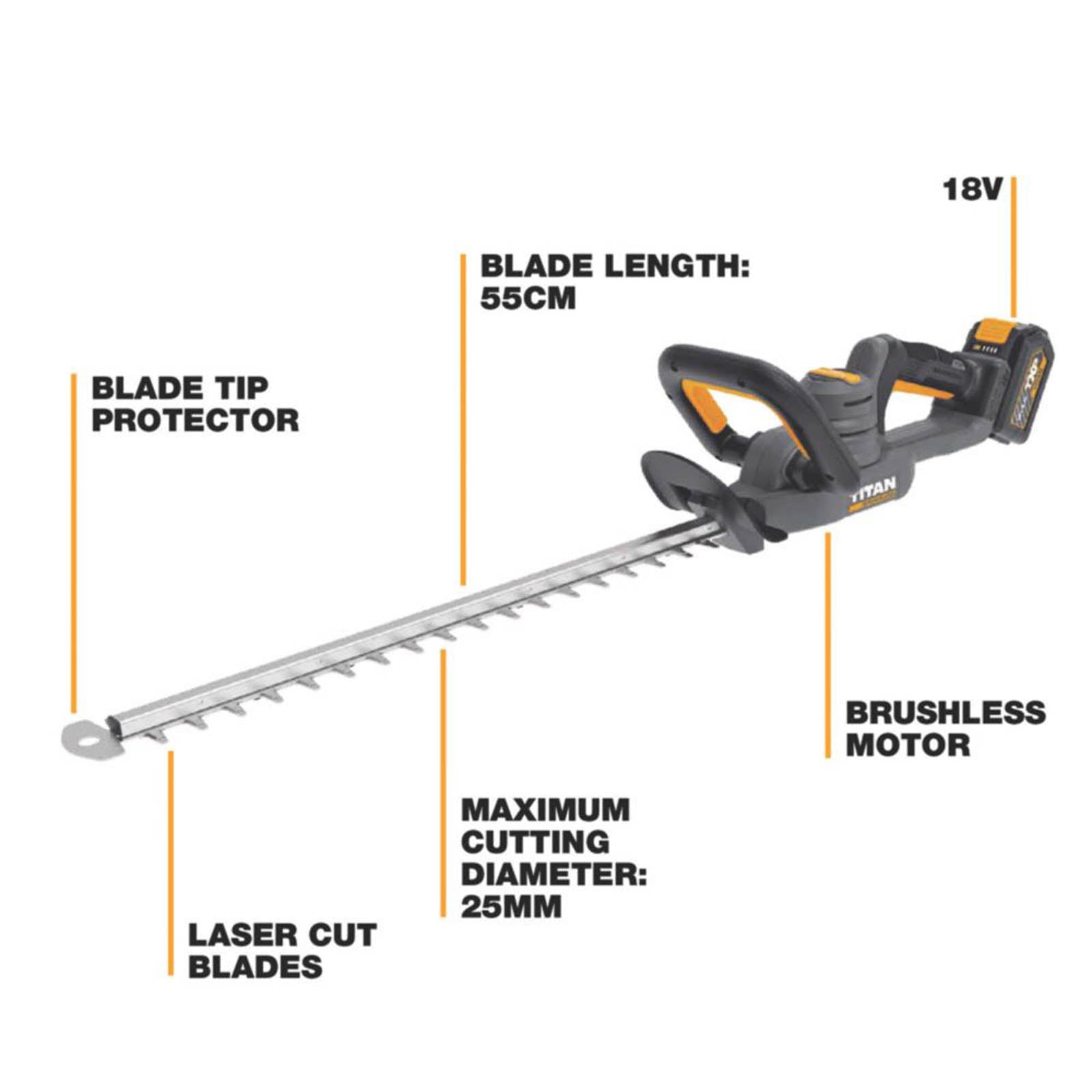 Titan TTI1208GHT 55cm 18V 1 x 5.0Ah Li-Ion TXP Brushless Cordless Hedge Trimmer - Image 3