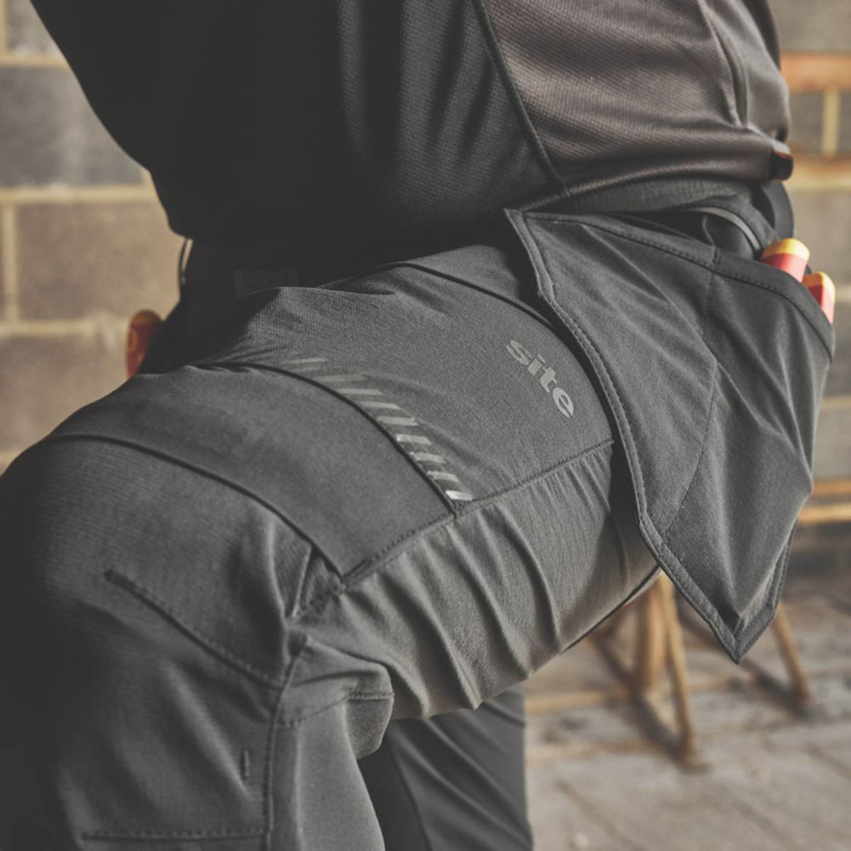 Site Work Trousers Mens Slim Fit Black Stretch Multi Pocket Breathable 30"W 32"L - Image 6