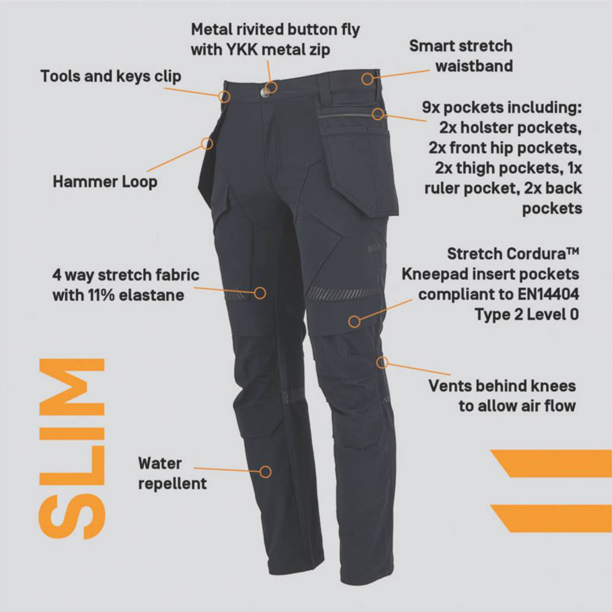 Site Work Trousers Mens Slim Fit Black Stretch Multi Pockets Cargo 30W 34L - Image 3