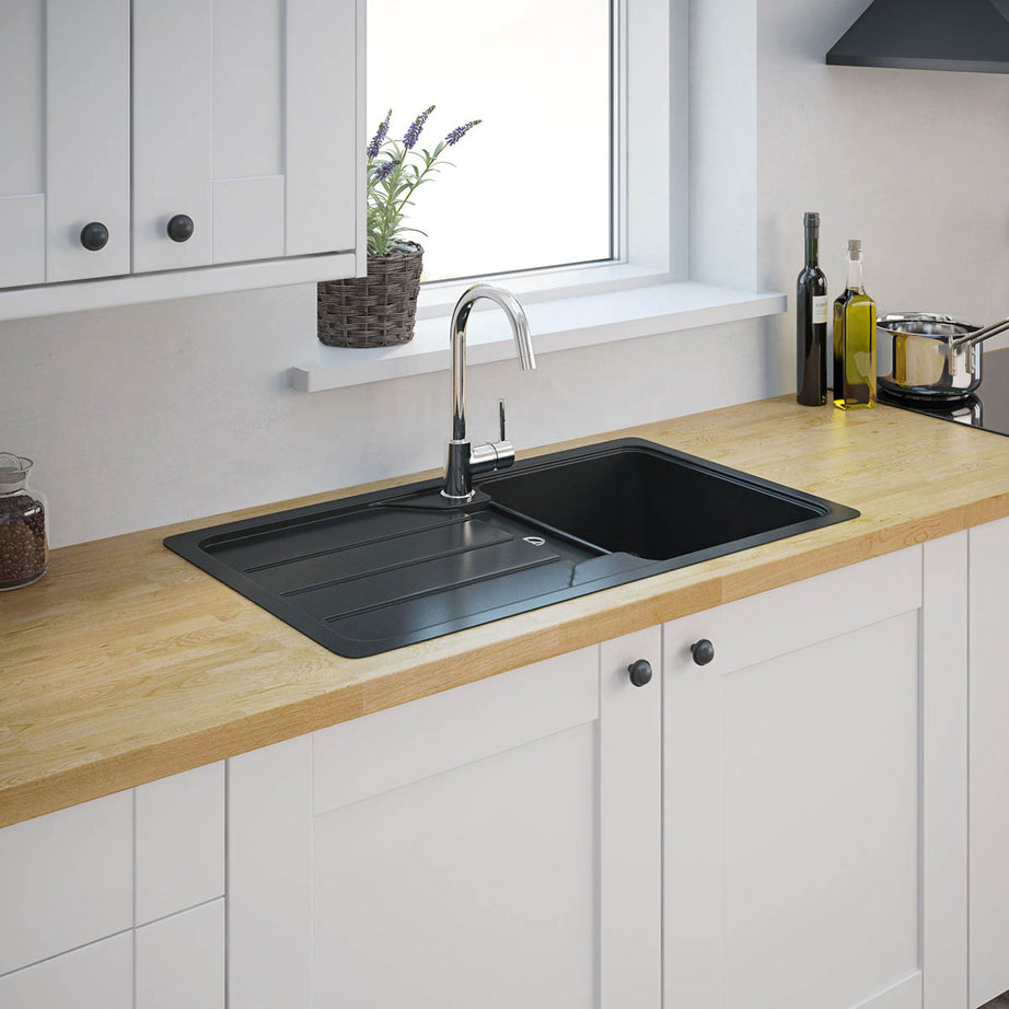 Kitchen Sink Black Composite Quartz 1 Bowl Reversible Drainer Rectangular - Image 3