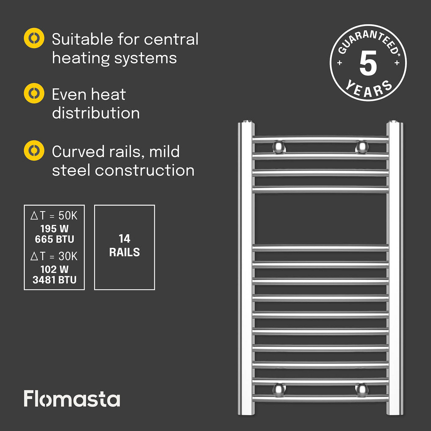 Flomasta Towel Rail Radiator Chrome Curved Bathroom Warmer Ladder (H)70x(W)40cm - Image 3