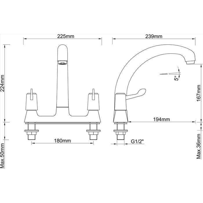 Galleny Deck Tap Chrome Effect Kitchen Mixer Tap Compression Connection - Image 4