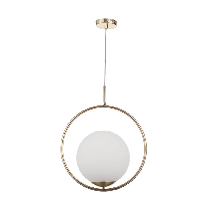 Pendant Ceiling Light LED Hoop Ball Opal Glass Satin Brass Effect Vintage - Image 2