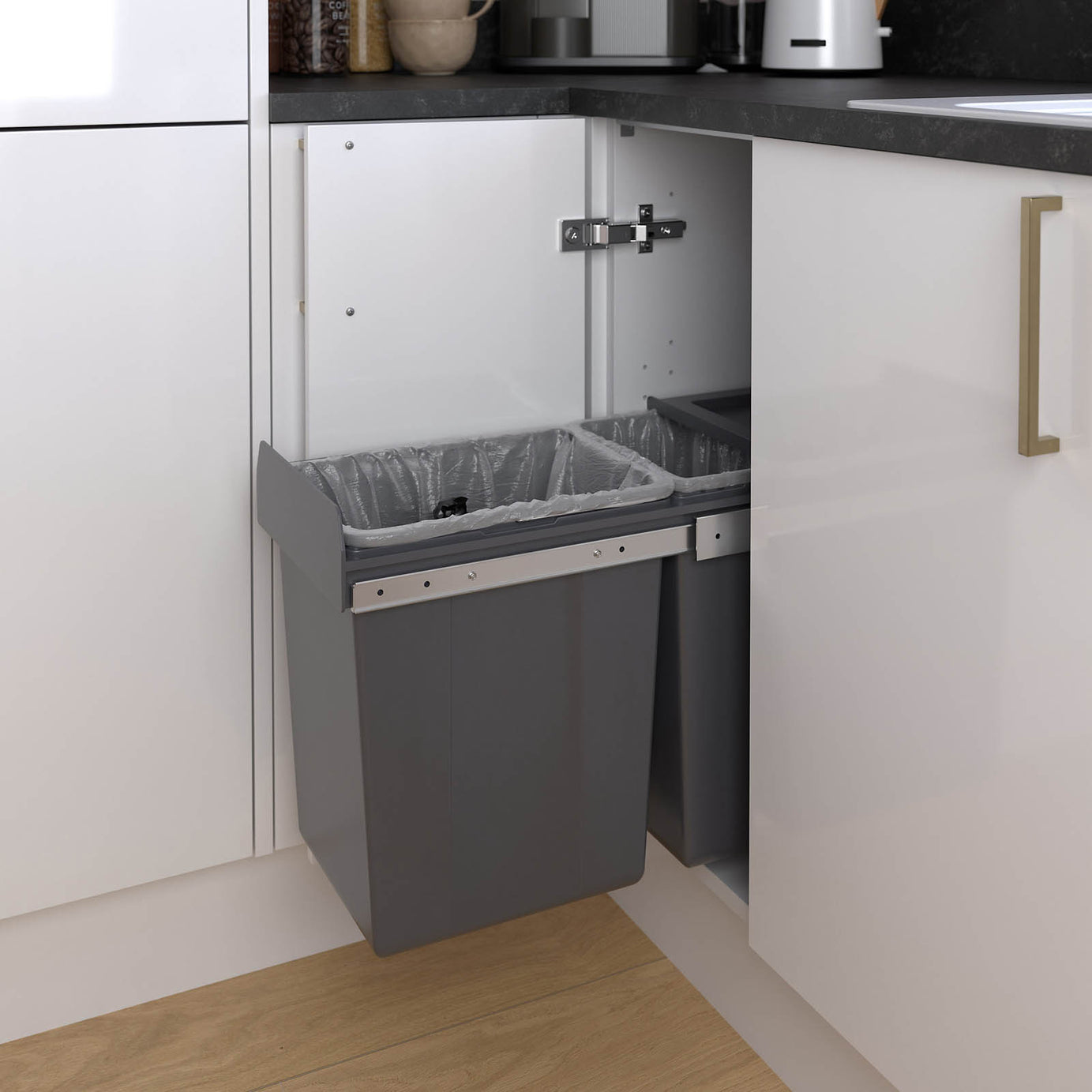 Kitchen Pull Out Bin 2 Integrated Containers Anthracite Rectangular 26L - Image 1