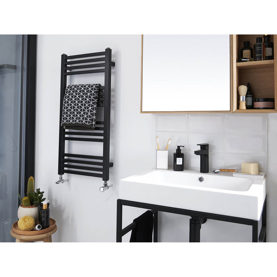 Towel Rail Radiator Black Vertical Warmer 1109BTU Compact (W)400mm x (H)828mm - Image 4