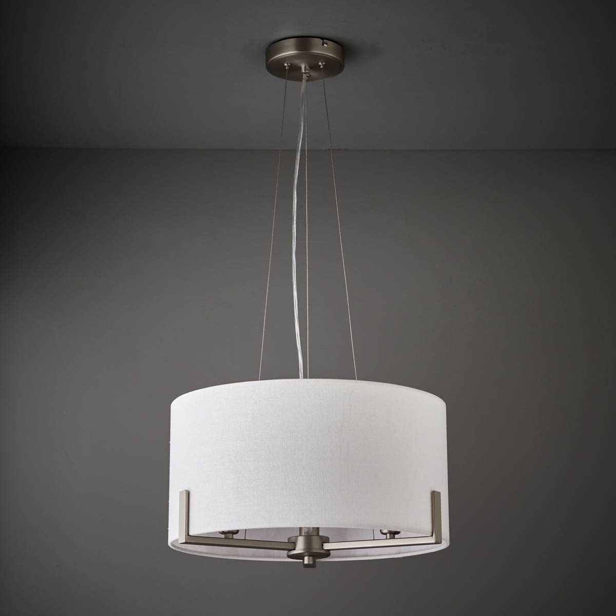 Pendant Ceiling Light 3 Lamp Matt Faux Linen Steel Nickel Effect Modern - Image 2