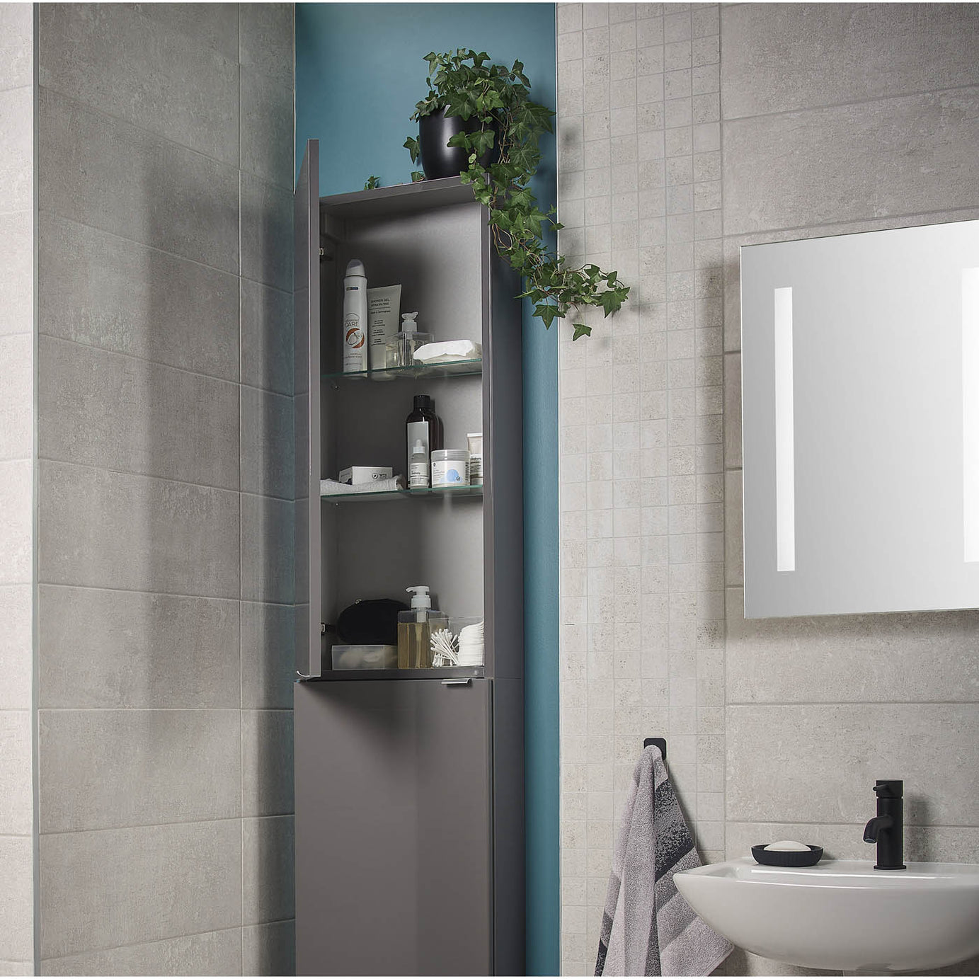 Bathroom Single Wall Cabinet Gloss Anthracite Compact Soft Close (H)90cm (W)4cm - Image 3