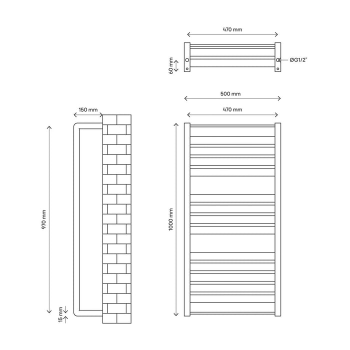 Towel Rail Warmer Radiator Flat Steel Matt Grey Modern (W)500mm x (H)1000mm - Image 2