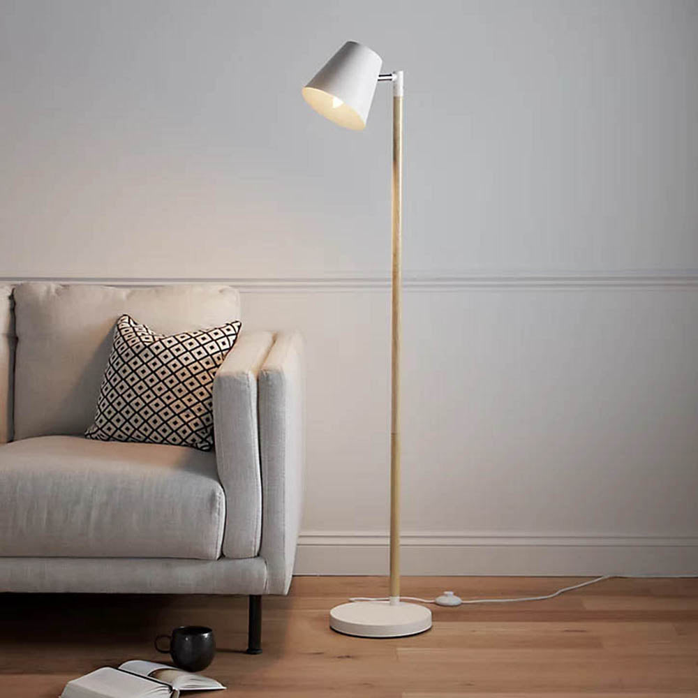 Floor Lamp Matt White Wood Effect Industrial Modern Style Adjustable Head 1.4m - Image 1